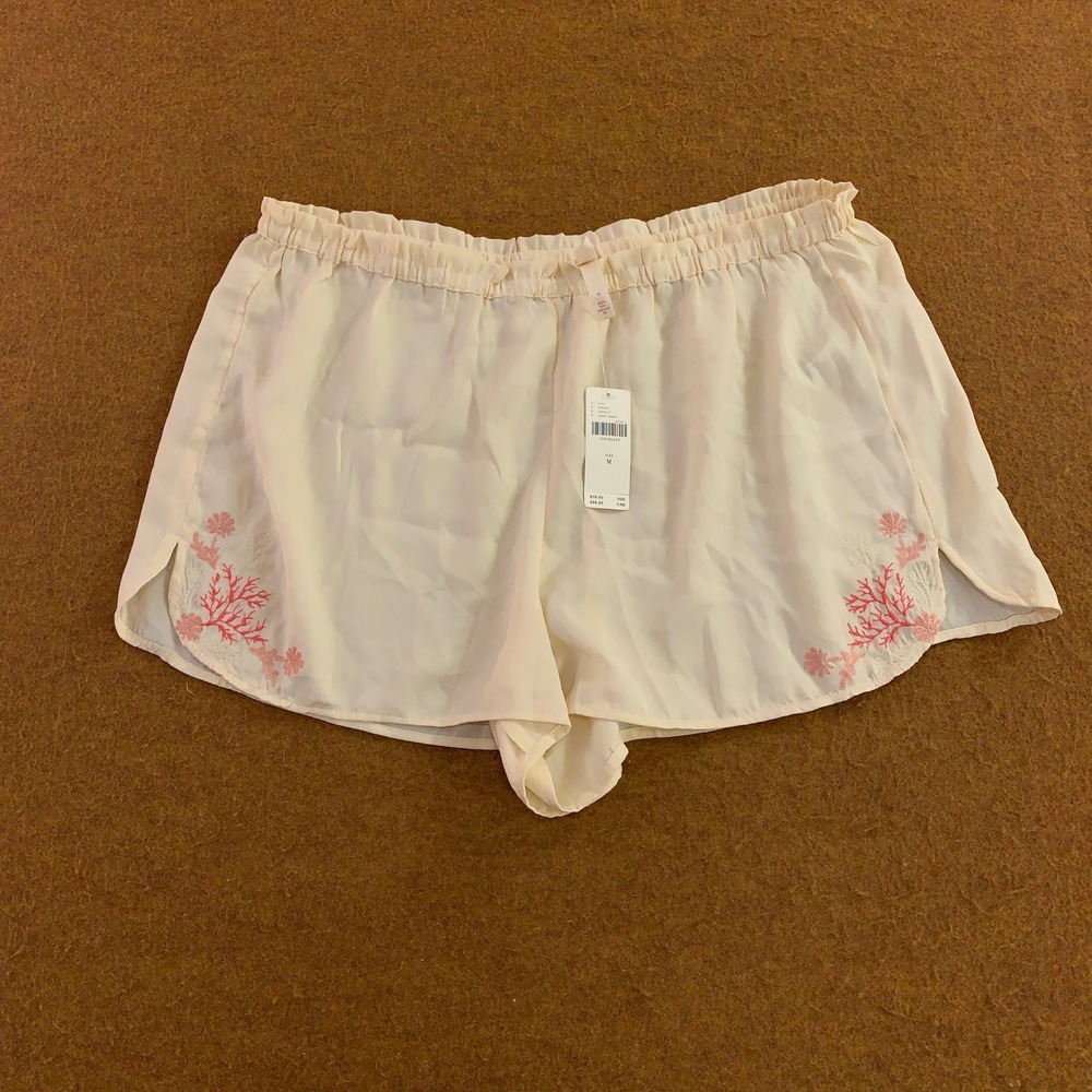 Anthropologie Women Medium Light Sand LyreBird Embroidered Coral Pajama Shorts